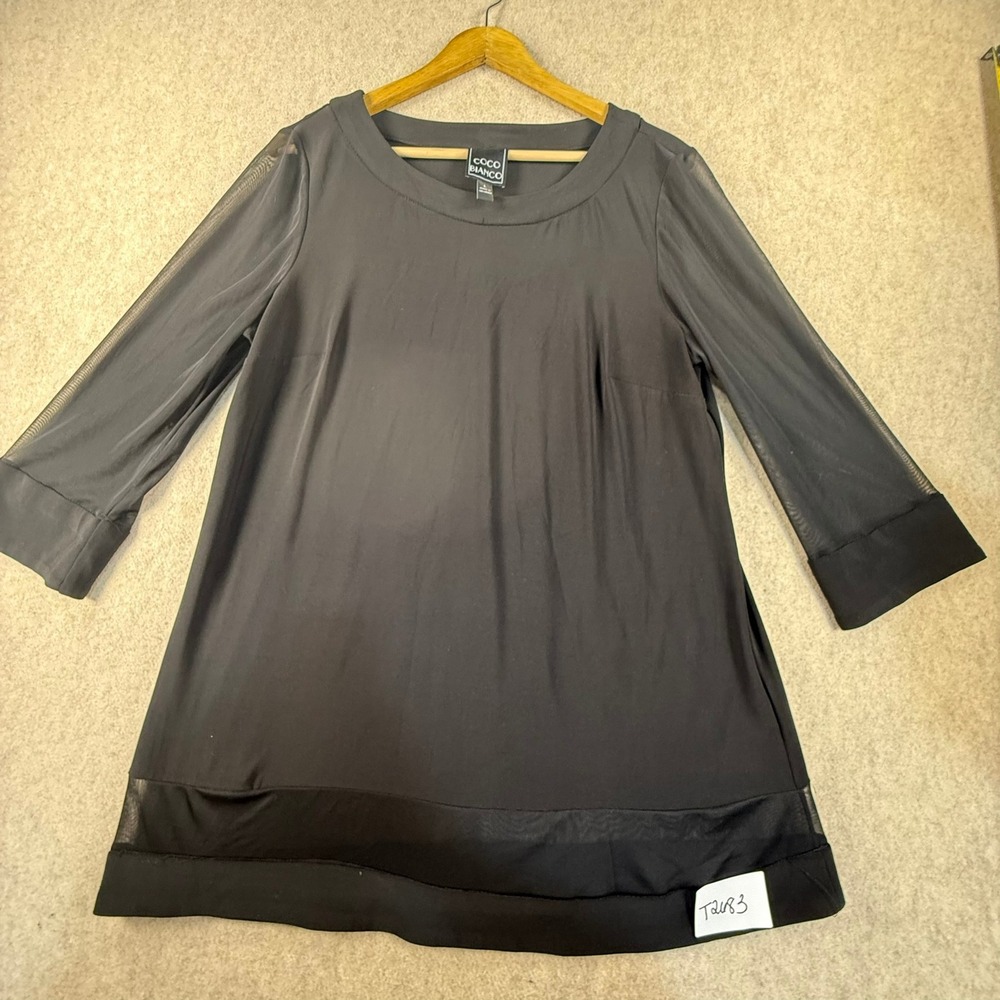 Coco Bianco Black Tunic Top Sheer Mesh Long Sleeves Hem Detail Size L